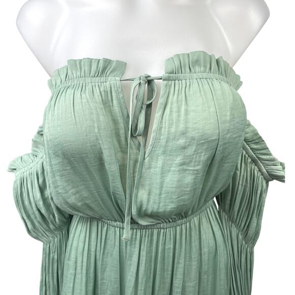 Forever 21 Green Off Shoulder Ruffle Tie Long Sleeve Elastic Waist Mini Dress M - Picture 7 of 9